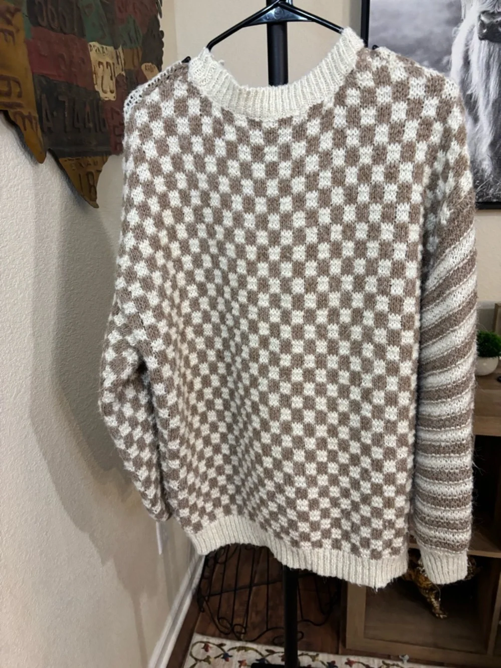 Altar'd State Cream and Taupe Checkerboard & Stripe Crew Sweater - Picture 4 of 6